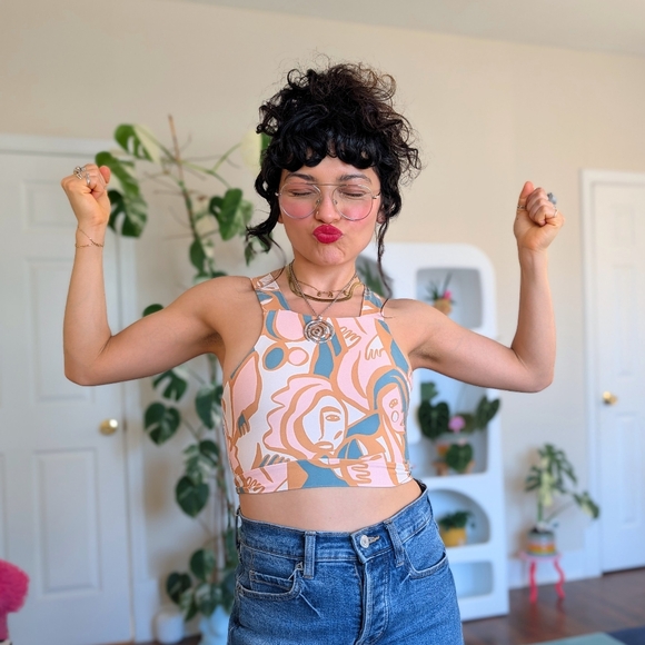 Dazey LA Abstract Floral Crop Tank - Pink, Peach & Teal - Picture 9 of 9